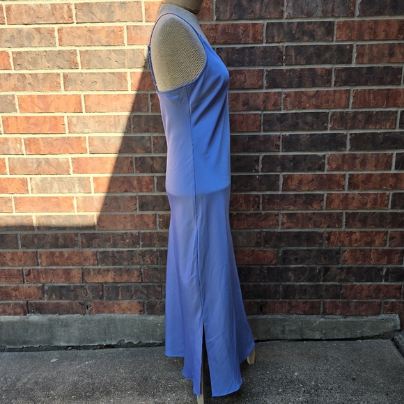 Express Satin V-Neck Downtown Cami Blue Slip Dress Size Medium Slits - Picture 3 of 11